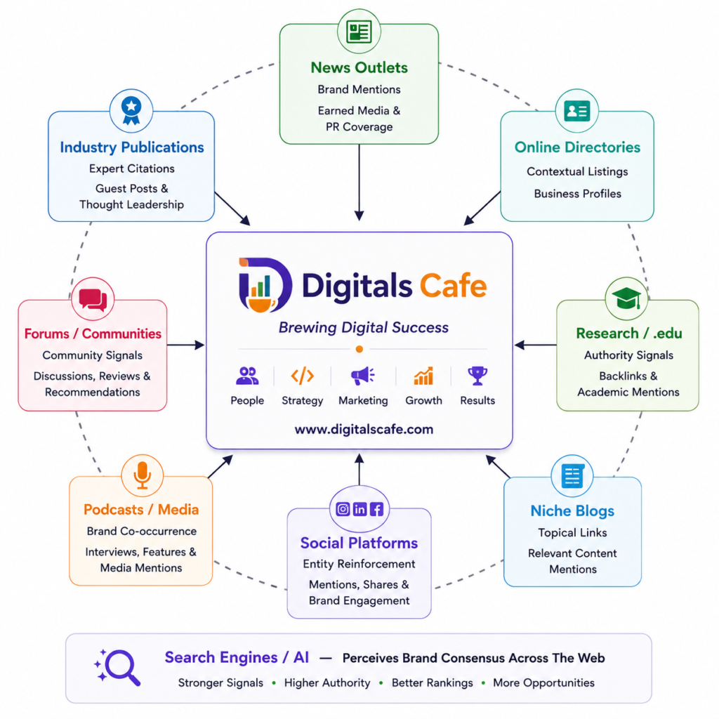 External Semantic Topical Map SEO strategy diagram showing content connections, authority building, and multi-platform SEO network used by Digital’s Cafe for ranking improvement