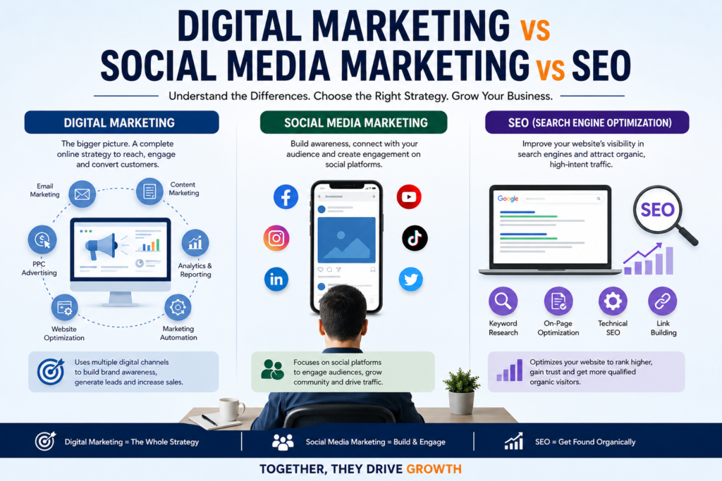 Digital marketing vs social media marketing vs SEO infographic comparing their strategies, services, channels and business benefits.