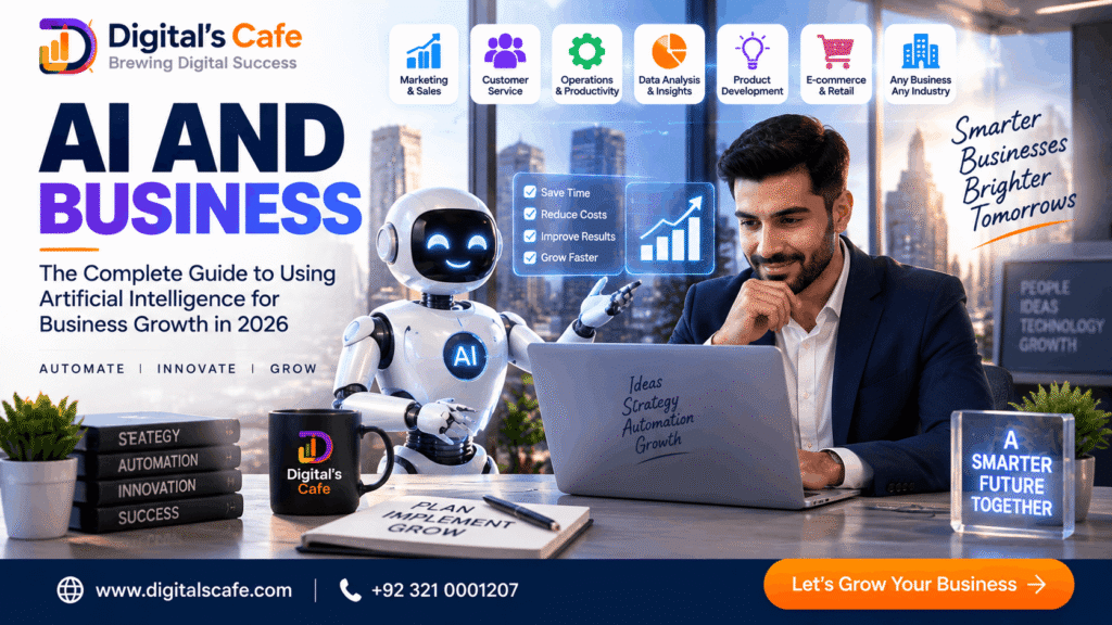 AI for business growth showing artificial intelligence, automation, marketing, customer service and digital transformation solutions by Digital's Cafe