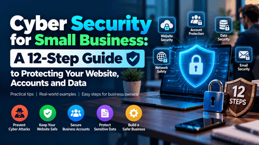 Cyber security for small business 12-step guide showing website, account, email and data protection