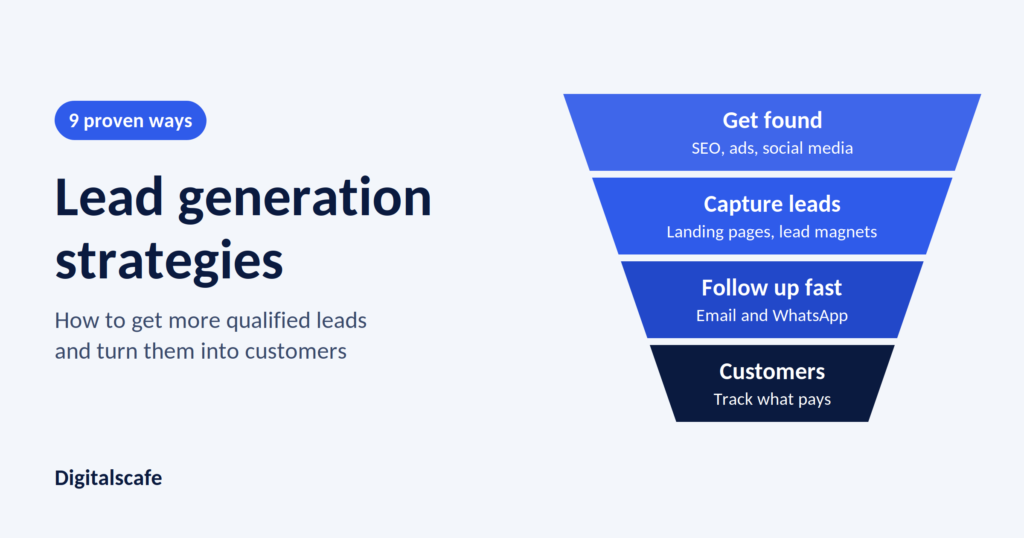 Lead generation strategies funnel showing SEO, ads, email and fast follow-up turning visitors into customers